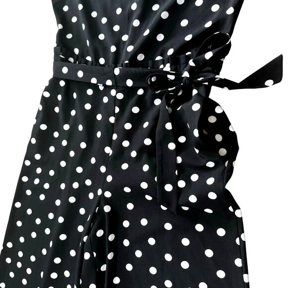 1990s Vintage Black White Polka Dot Jumpsuit Sz Small Sleeveless Wide Leg Belted - Picture 9 of 12